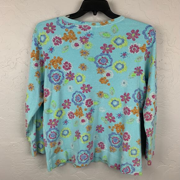 Vtg Fresh Produce Top Womens XXL Blue 3/4 Sleeve Pullover Wildflower V Neck - Picture 2 of 8